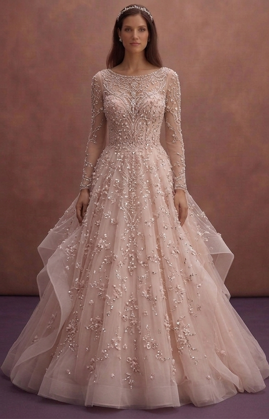 Blush Pink Tulle Ball Gown Wedding Dress with Beaded Bodice