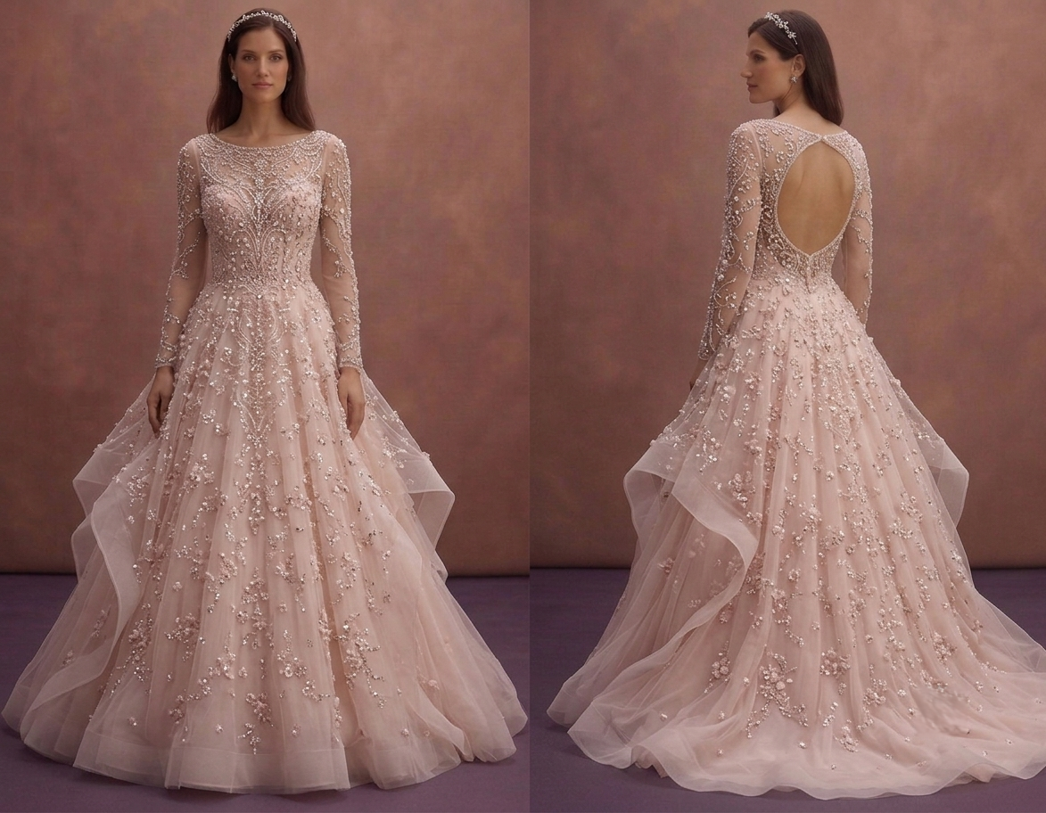 Blush Pink Tulle Ball Gown Wedding Dress with Beaded Bodice