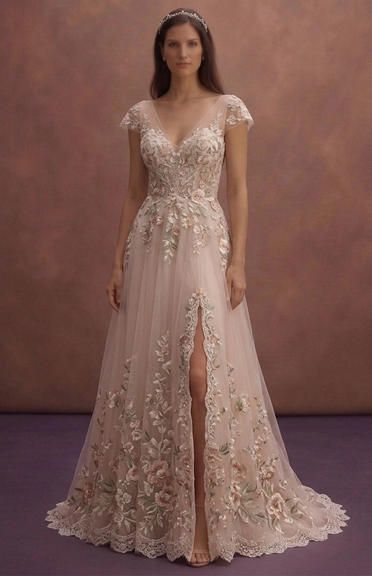 Blush Romantic Wedding Dress with Floral Embroidery
