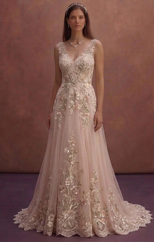 Blush Romantic Wedding Dress with Floral Embroidery
