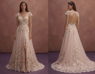 Blush Romantic Wedding Dress with Floral Embroidery