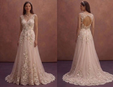 Blush Romantic Wedding Dress with Floral Embroidery