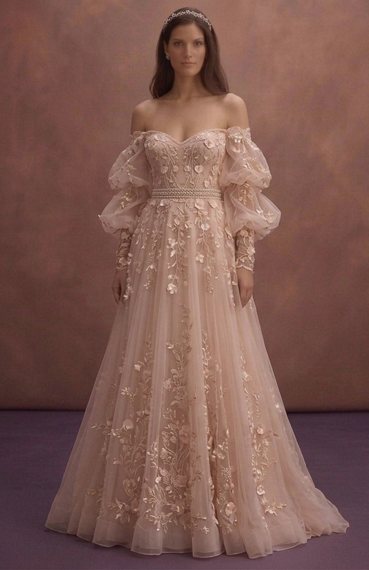 Blush Romantic Wedding Dress with Floral Embroidery Details