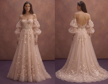 Blush Romantic Wedding Dress with Floral Embroidery Details