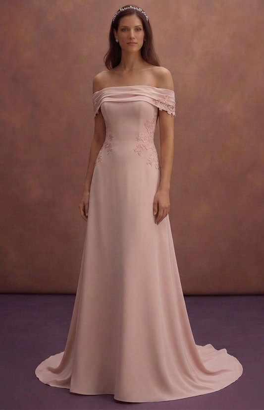 Blush Simple Wedding Dress with Off-Shoulder Design