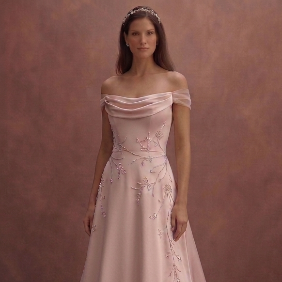 Blush Simple Wedding Dress with Off Shoulder Elegance