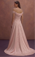Blush Simple Wedding Dress with Off Shoulder Elegance