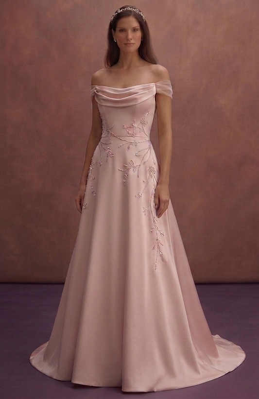 Blush Simple Wedding Dress with Off Shoulder Elegance