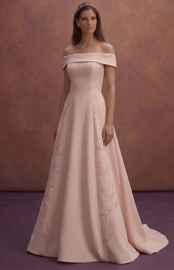 Blush Simple Wedding Dress with Off Shoulder Elegance