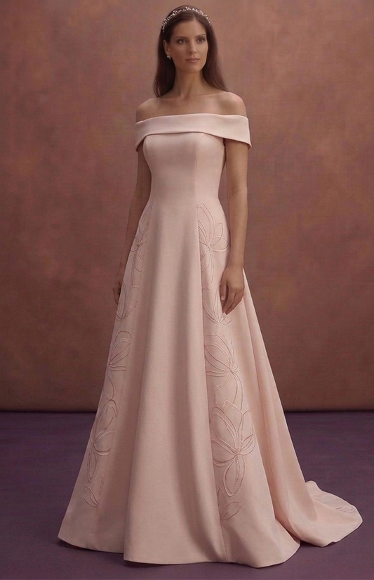 Blush Simple Wedding Dress with Off Shoulder Elegance