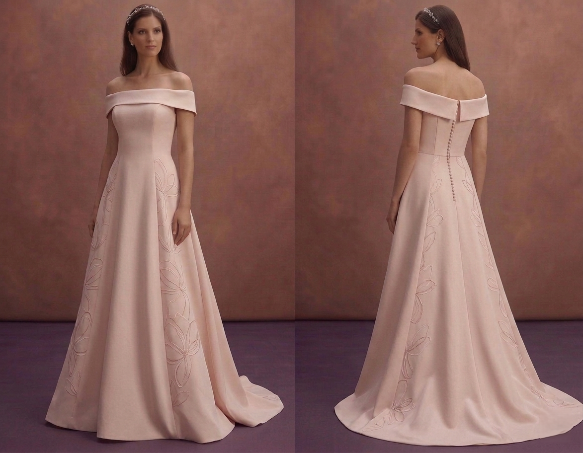 Blush Simple Wedding Dress with Off Shoulder Elegance