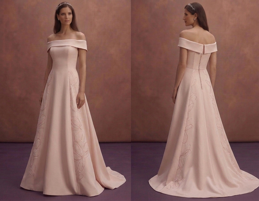 Blush Simple Wedding Dress with Off Shoulder Elegance