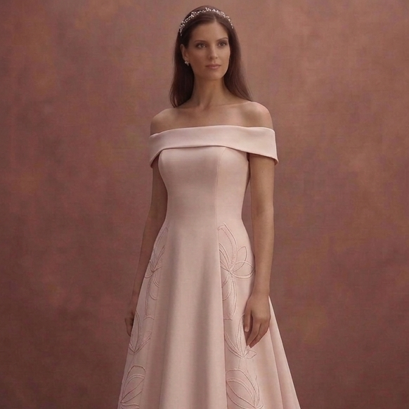 Blush Simple Wedding Dress with Off Shoulder Elegance