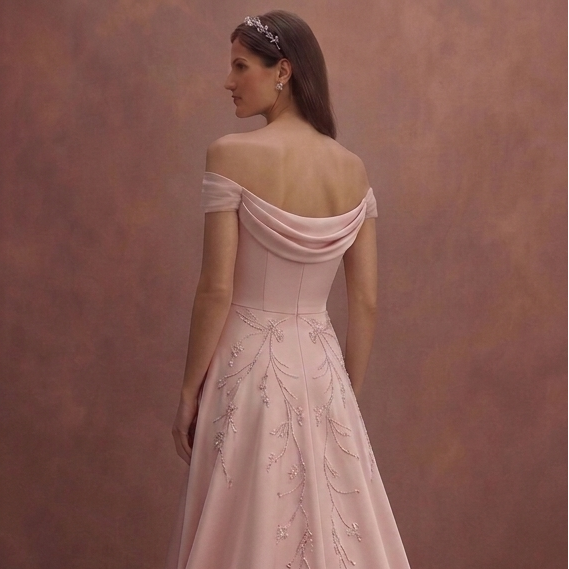 Blush Simple Wedding Dress with Off Shoulder Elegance