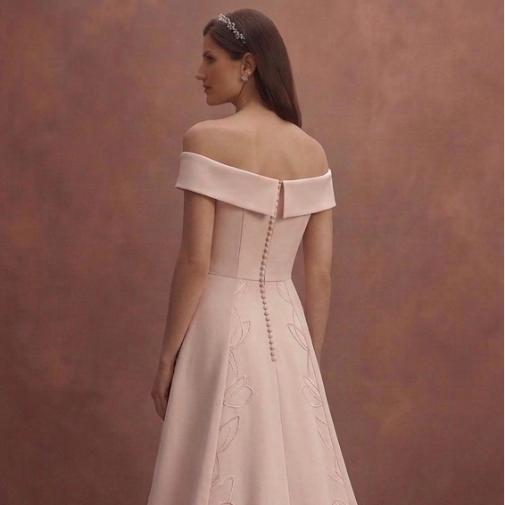 Blush Simple Wedding Dress with Off Shoulder Elegance