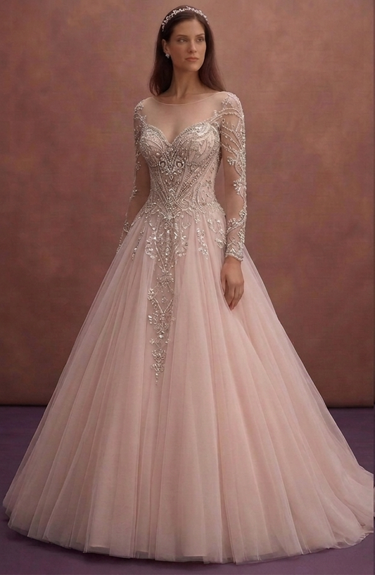 Blush Tulle Ball Gown Wedding Dress with Beaded Corset