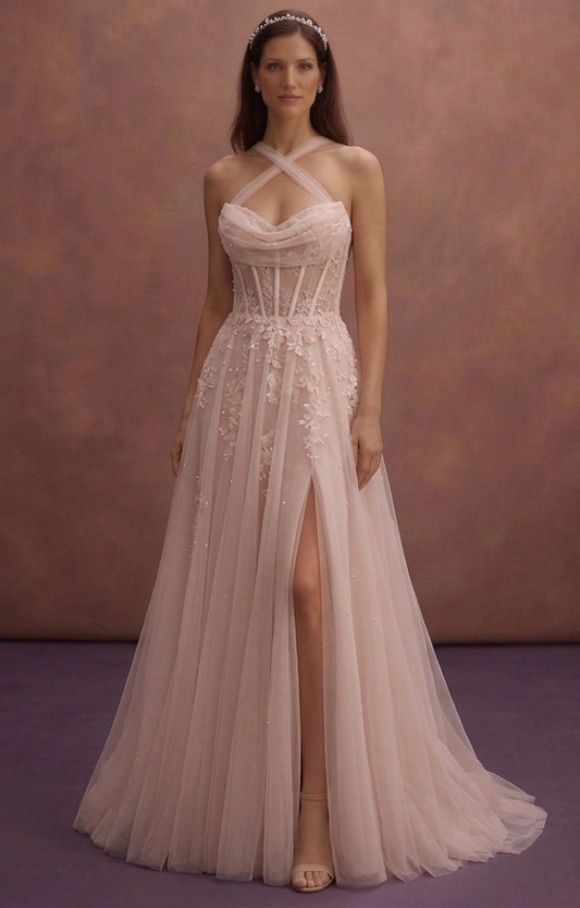 Blush Tulle Bridal Dress with Corset and Train