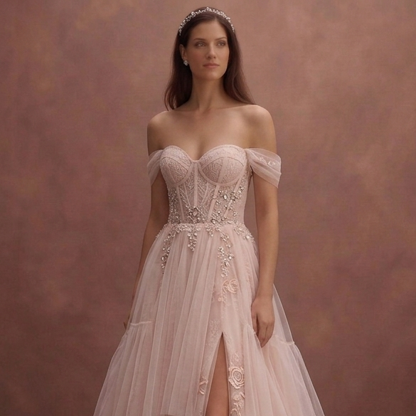 Blush Tulle Wedding Dress with Corset Bodice and Flowing Train
