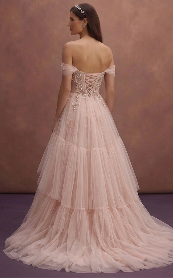 Blush Tulle Wedding Dress with Corset Bodice and Flowing Train
