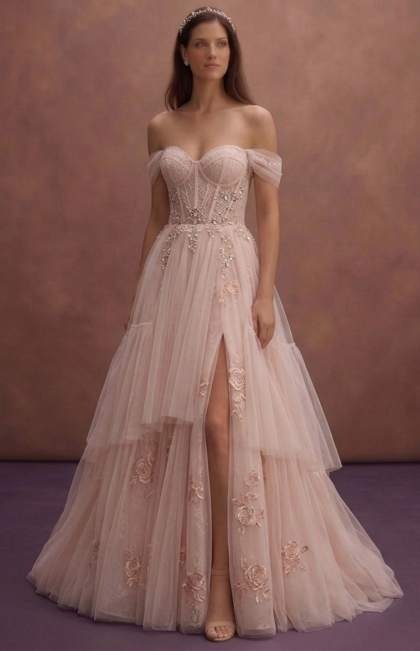 Blush Tulle Wedding Dress with Corset Bodice and Flowing Train