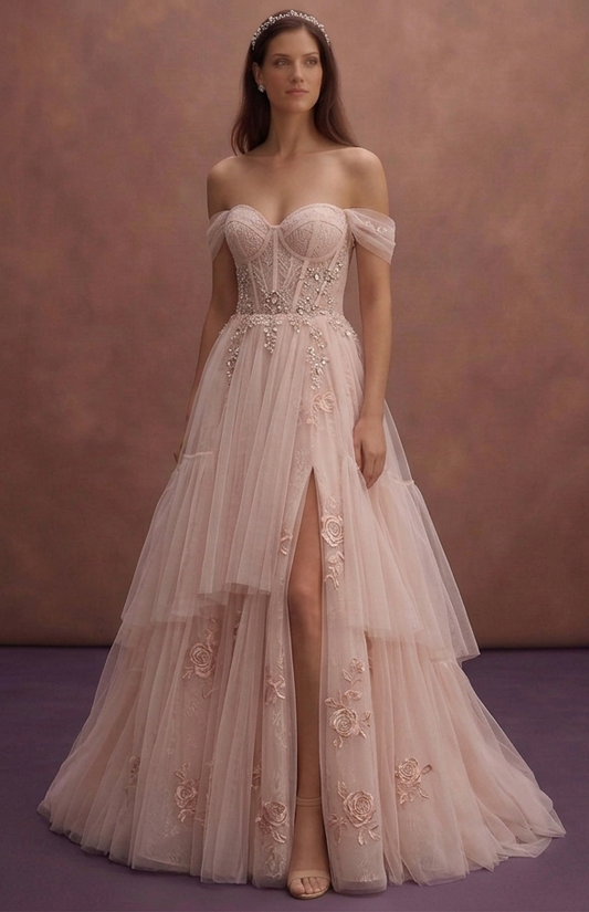Blush Tulle Wedding Dress with Corset Bodice and Flowing Train