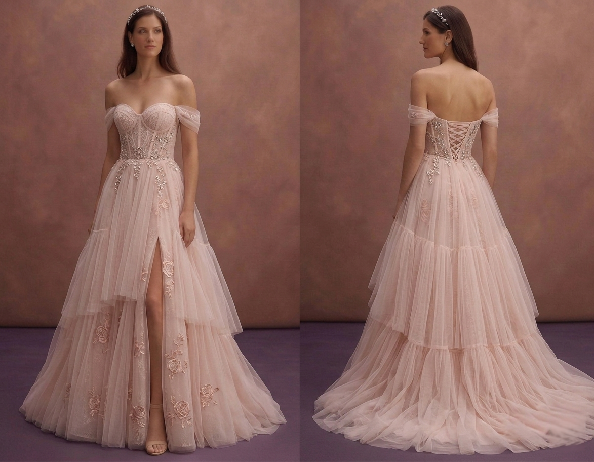 Blush Tulle Wedding Dress with Corset Bodice and Flowing Train