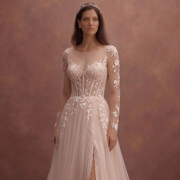 Blush Tulle Wedding Dress with Corset Bodice and Train