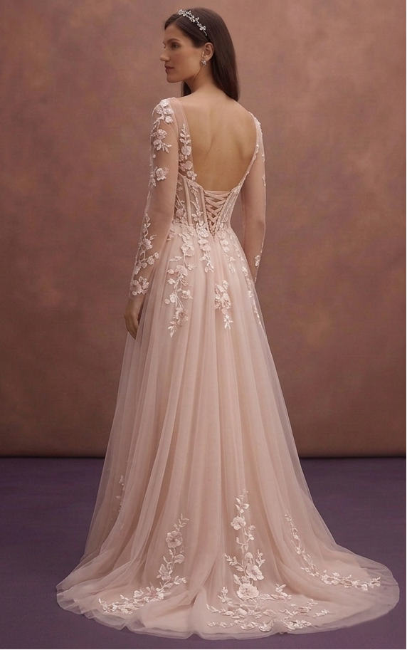 Blush Tulle Wedding Dress with Corset Bodice and Train
