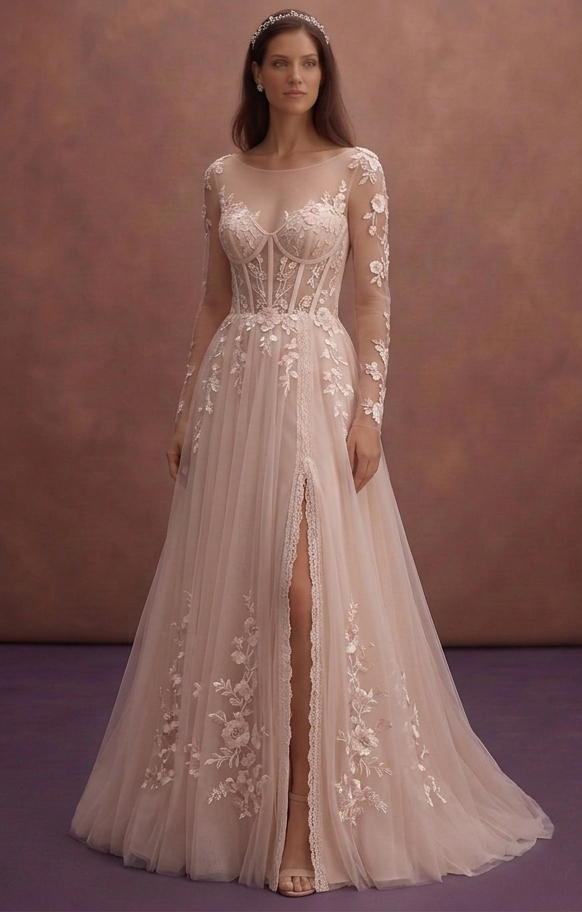 Blush Tulle Wedding Dress with Corset Bodice and Train
