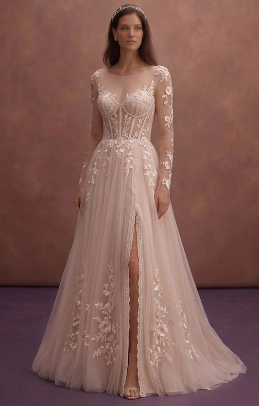 Blush Tulle Wedding Dress with Corset Bodice and Train