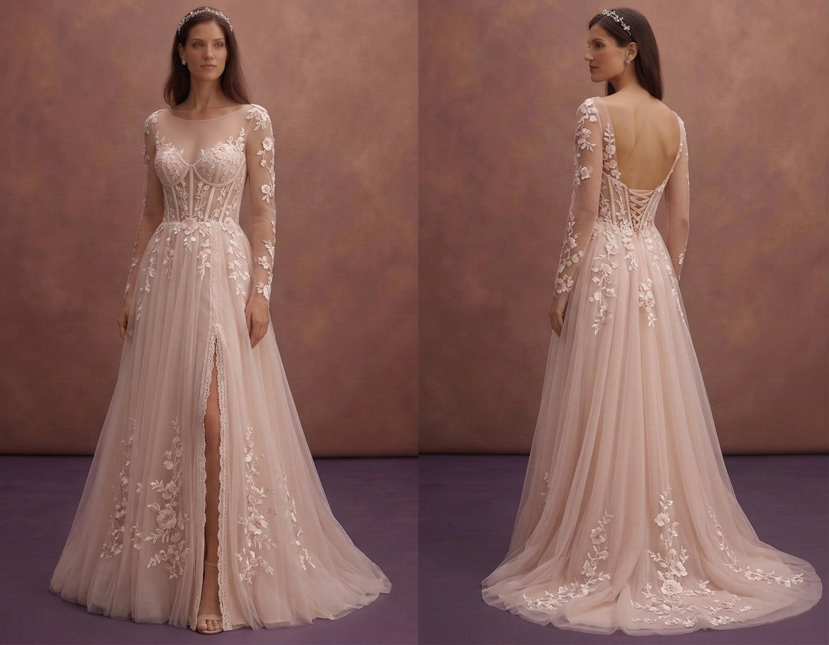 Blush Tulle Wedding Dress with Corset Bodice and Train