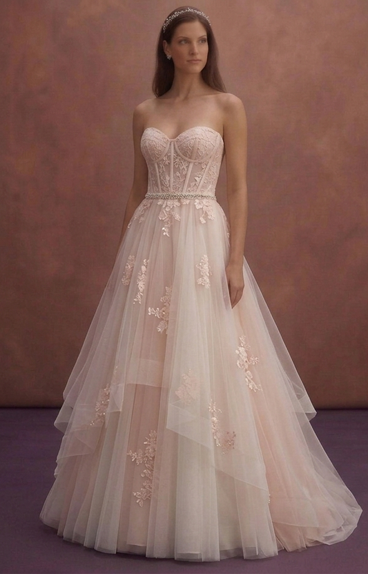 Blush Wedding Dress with Tulle Skirt and Corset Bodice