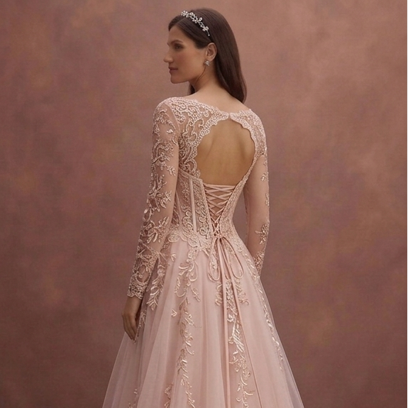 Blush Wedding Dress with Tulle Skirt and Corset Design
