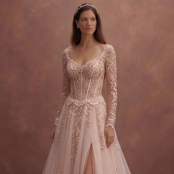 Blush Wedding Dress with Tulle Skirt and Corset Design