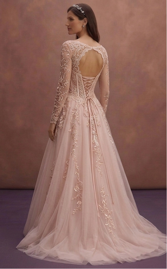 Blush Wedding Dress with Tulle Skirt and Corset Design