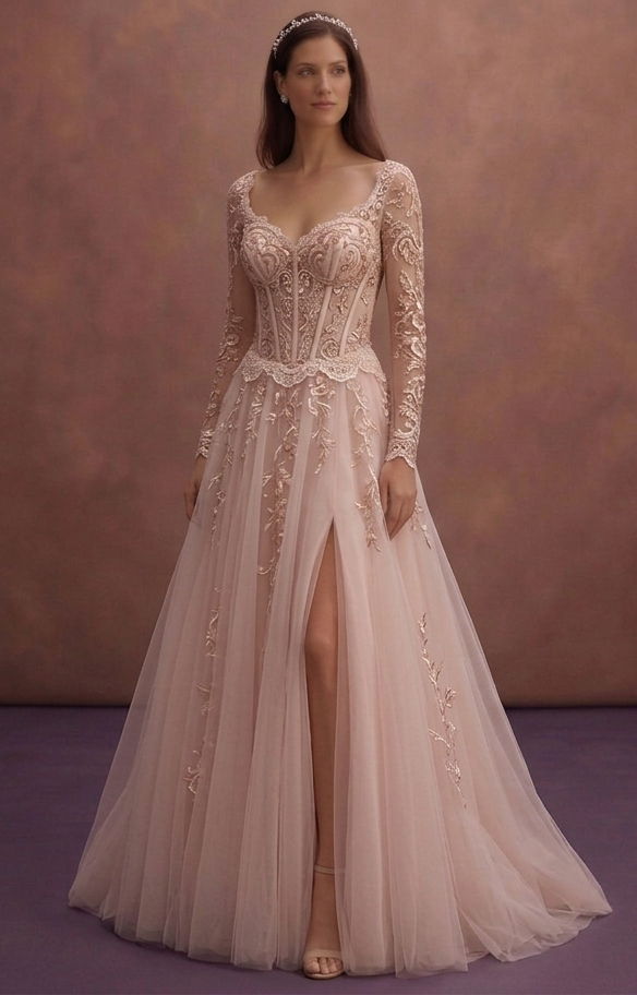 Blush Wedding Dress with Tulle Skirt and Corset Design