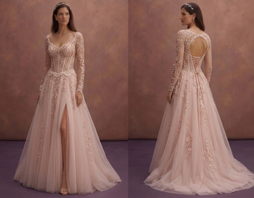 Blush Wedding Dress with Tulle Skirt and Corset Design
