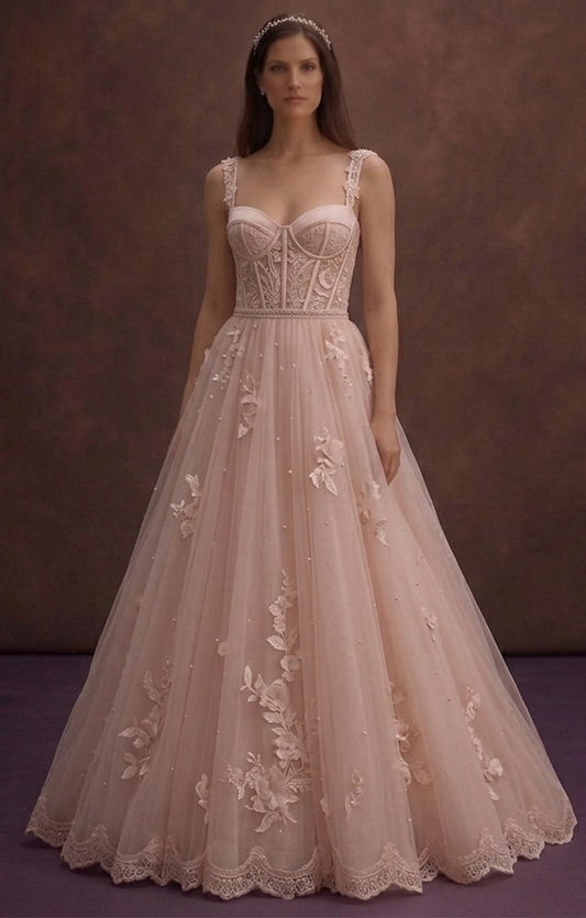 Blush Wedding Dress with Tulle Skirt and Corset Top