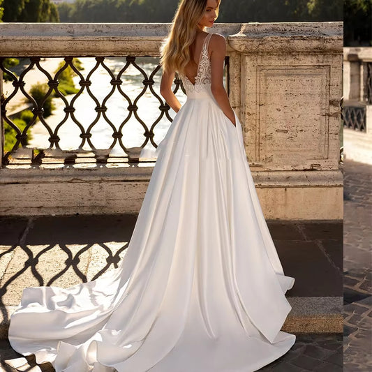 V Neck Sleeveless A-line Wedding Dresses Real Pictures Sweep Train Satin Wedding Gown Custom Made Vestido De Noiva