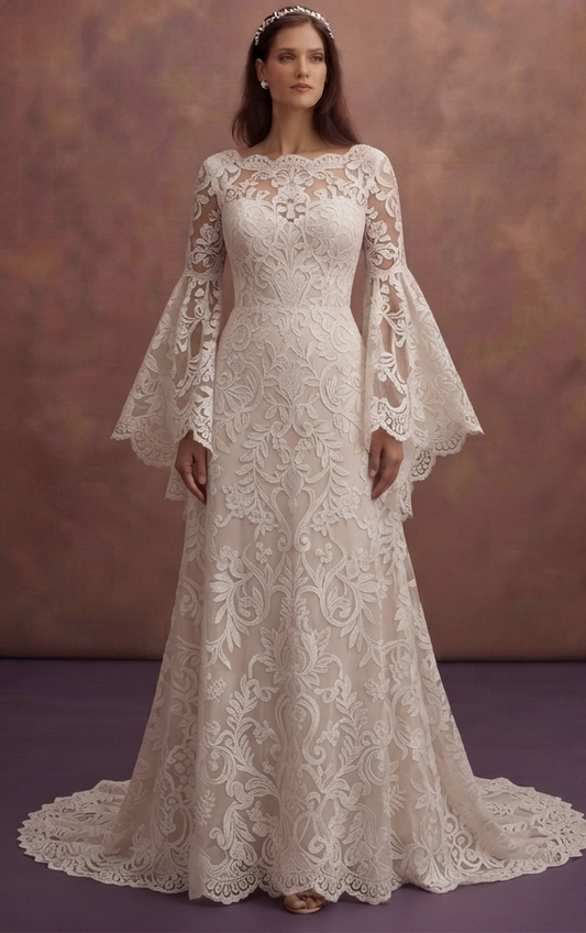 Bohemian Lace Wedding Dresses with Bell Sleeves
