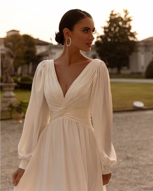 Vestidos De Novia sencillos para mujer, Vestidos De Novia De satén con corte en A, cuello en V, Espalda descubierta, mangas largas abombadas, bonitos Vestidos De Novia