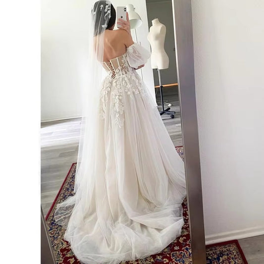 Vestidos de novia de encaje 3D con mangas abullonadas cortas, forro de champán, apliques de tul, vestidos de novia formales para mujer