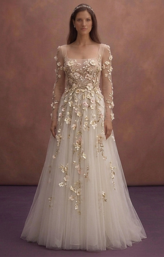 Bridal Dresses with Floral 3D Embroidery and Tulle