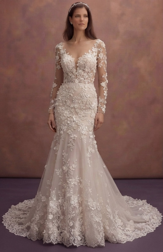 Bridal Dresses with Floral 3D Lace Appliqués