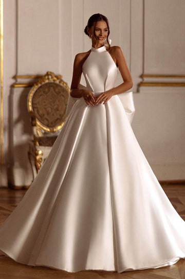 Sexy halter sem costas vestido de casamento clássico arco noiva robe gracioso modesto cetim a linha longo vestido de noiva robe de mariée