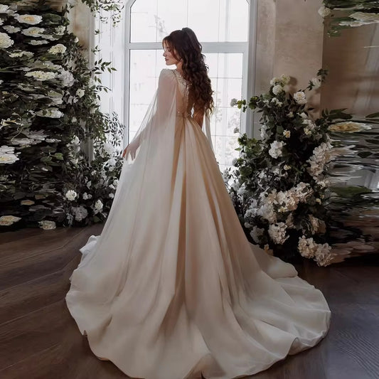 Vintage Long Cape Sleeves Formal Wedding Gowns Square Collar Glitter Beads Bridal Dresses A Line Draped Bride Gown