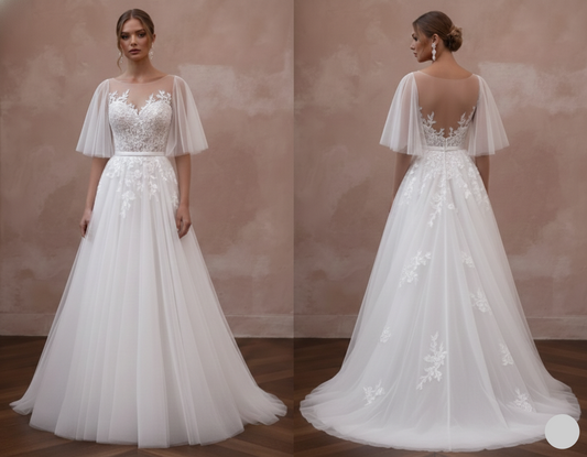 Butterfly Sleeve Wedding Dress Ethereal Long Chiffon Gown