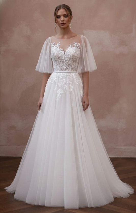 Butterfly Sleeve Wedding Dress Ethereal Long Chiffon Gown