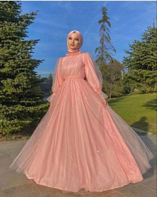 Modest A Line Shiny Tulle Prom Dresses Long Sleeves High Neck Saudi Arabic Mother Evening Gowns Dubai Party Dress