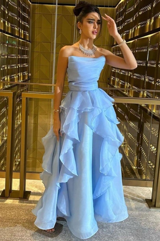 Elegant Sky Blue Arabia Prom Dress A-Line Strapless Ruffles Ankle Length Evening Dress vestido para eventos especiale